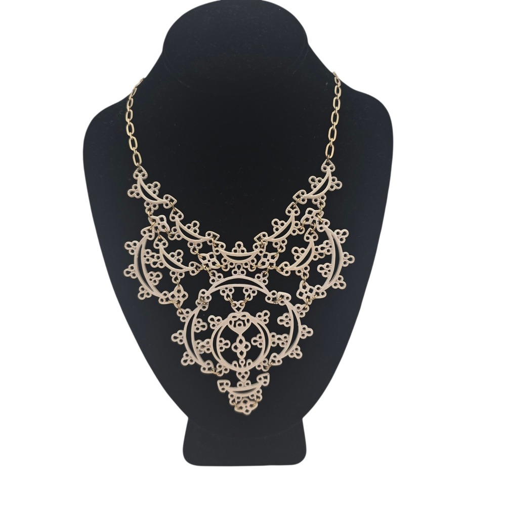 Vintage Cream Enamel Gold Tone Filigree Bib Statement Necklace 1980sโ Boho